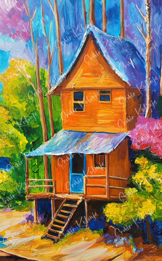 Enchanted Riverside Retreat – Acrylic Painting