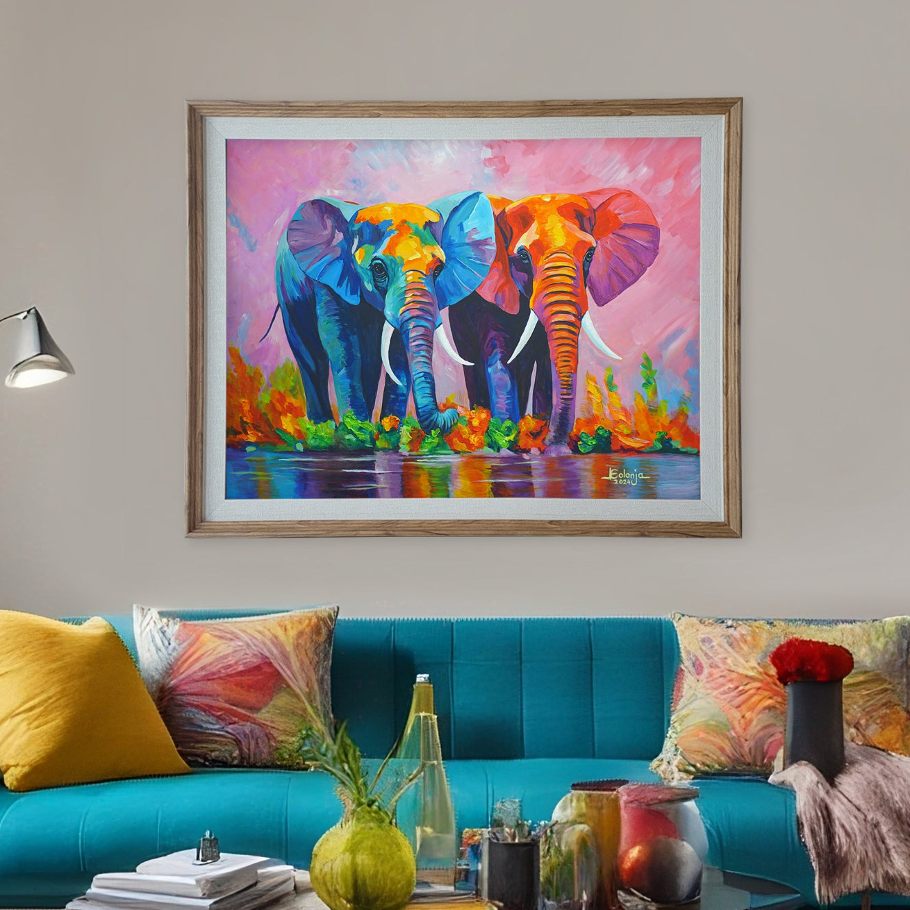 Two elephants in vibrant color - Acrylic Painting