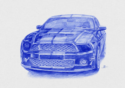 Custom Blue & White Ballpoint Pen Car Portrait – Hand-Drawn from Your Photo