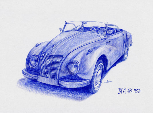 Custom Blue & White Ballpoint Pen Car Portrait – Hand-Drawn from Your Photo