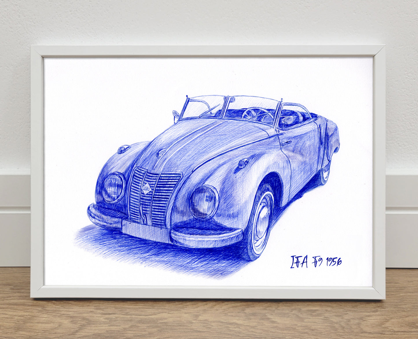 Custom Blue & White Ballpoint Pen Car Portrait – Hand-Drawn from Your Photo